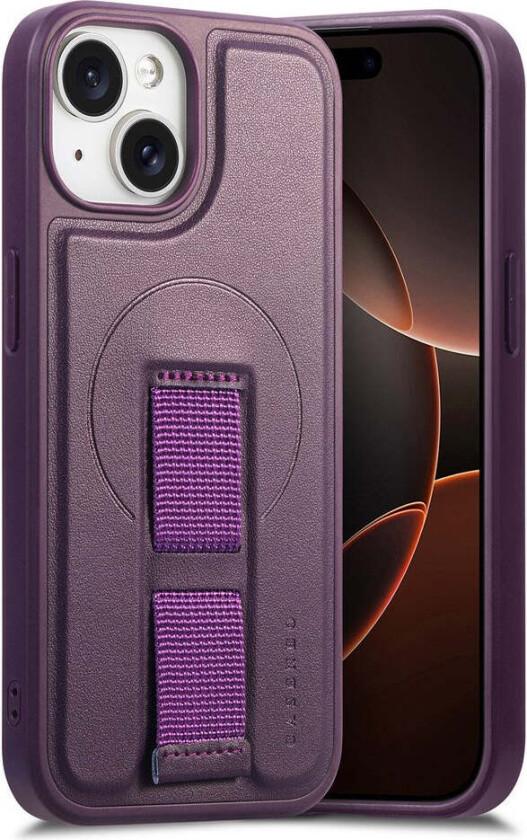 iPhone 15 Hard Plast Deksel m. Kunstskinn Bakside & Fingerrem - MagSafe Kompatibel - Lilla