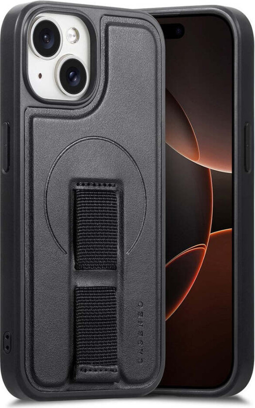 iPhone 15 Hard Plast Deksel m. Kunstskinn Bakside & Fingerrem - MagSafe Kompatibel - Svart