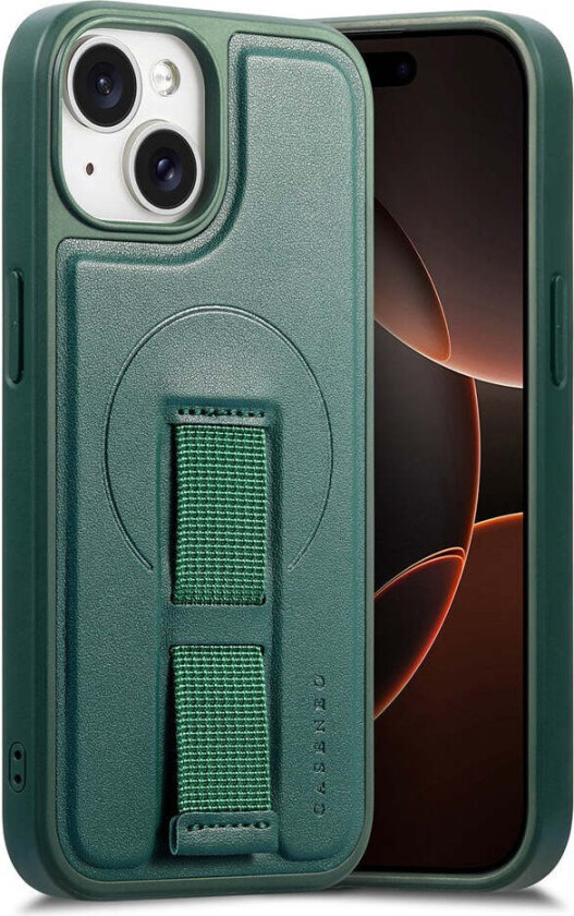 iPhone 15 Hard Plast Deksel m. Kunstskinn Bakside & Fingerrem - MagSafe Kompatibel - Grønn