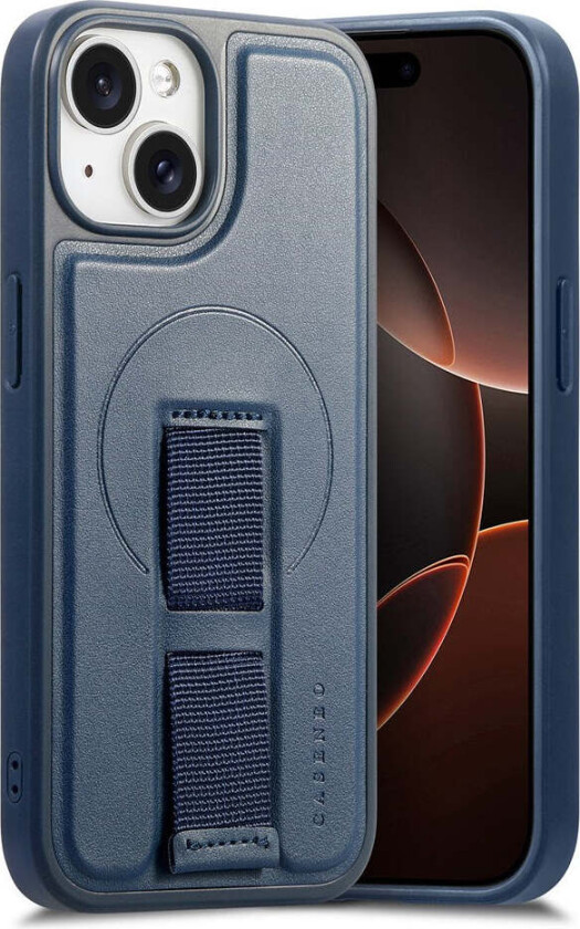iPhone 15 Hard Plast Deksel m. Kunstskinn Bakside & Fingerrem - MagSafe Kompatibel - Blå