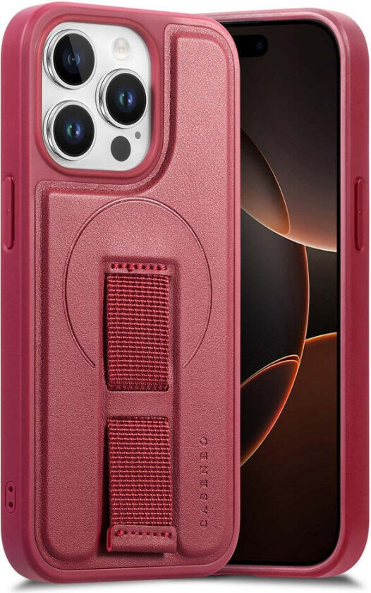 iPhone 15 Pro Hard Plast Deksel m. Kunstskinn Bakside & Fingerrem - MagSafe Kompatibel - Rød