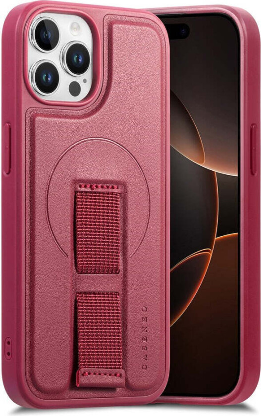 iPhone 12 / 12 Pro Hard Plast Deksel m. Kunstskinn Bakside & Fingerrem - MagSafe Kompatibel - Rød