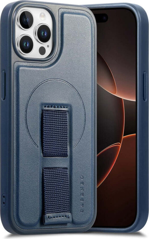 iPhone 12 / 12 Pro Hard Plast Deksel m. Kunstskinn Bakside & Fingerrem - MagSafe Kompatibel - Blå