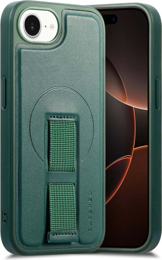 iPhone 16e Hard Plast Deksel m. Kunstskinn Bakside & Fingerrem - MagSafe Kompatibel - Grønn