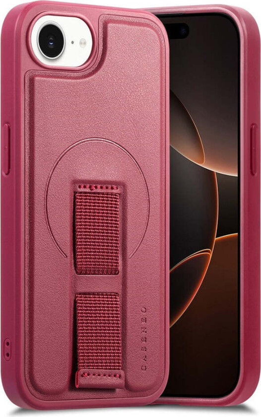 iPhone 16e Hard Plast Deksel m. Kunstskinn Bakside & Fingerrem - MagSafe Kompatibel - Rød