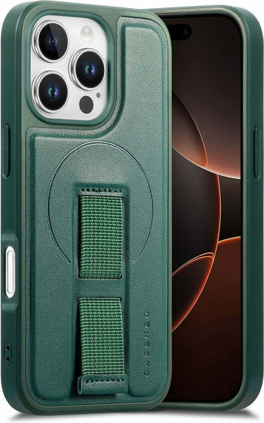 iPhone 16 Pro Hard Plast Deksel m. Kunstskinn Bakside & Fingerrem - MagSafe Kompatibel - Grønn