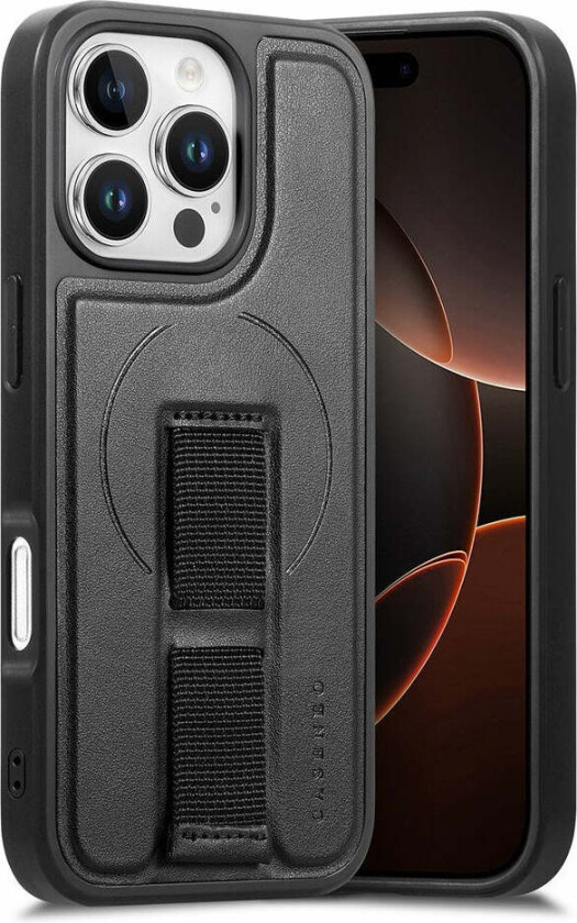 iPhone 16 Pro Hard Plast Deksel m. Kunstskinn Bakside & Fingerrem - MagSafe Kompatibel - Svart