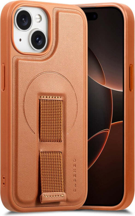 iPhone 15 Hard Plast Deksel m. Kunstskinn Bakside & Fingerrem - MagSafe Kompatibel - Brun