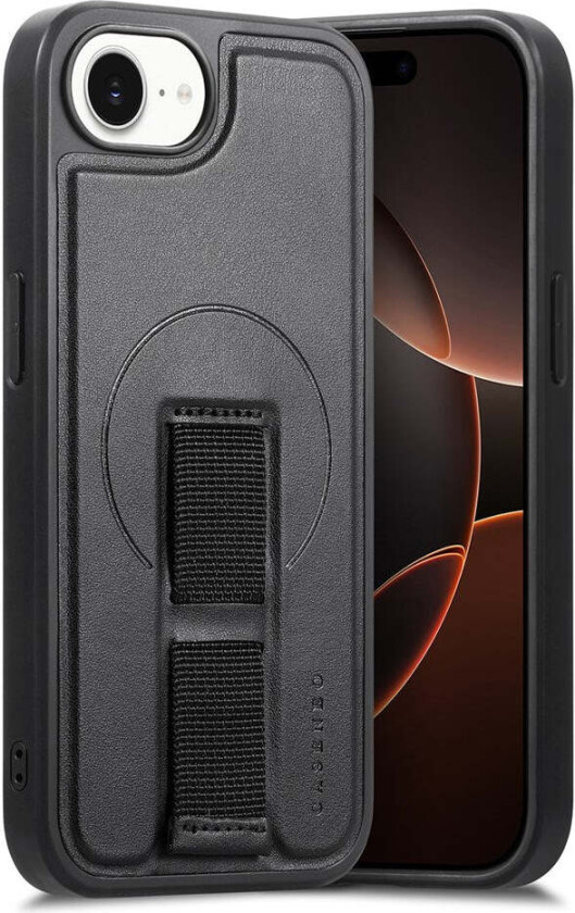 iPhone 16e Hard Plast Deksel m. Kunstskinn Bakside & Fingerrem - MagSafe Kompatibel - Svart