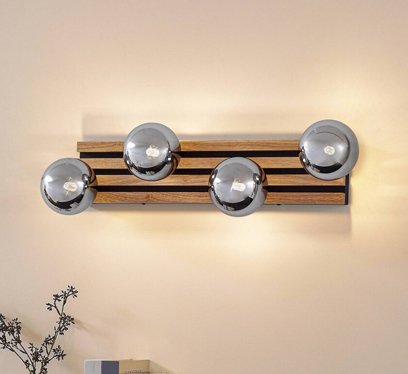 Lindby vegglampe Woodora, tre, glass, røykgrå, 4 lyskilder