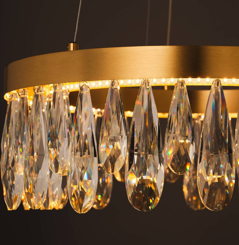 LED-hengelampe Celestia, Ø 40 cm, messingfarget, krystall