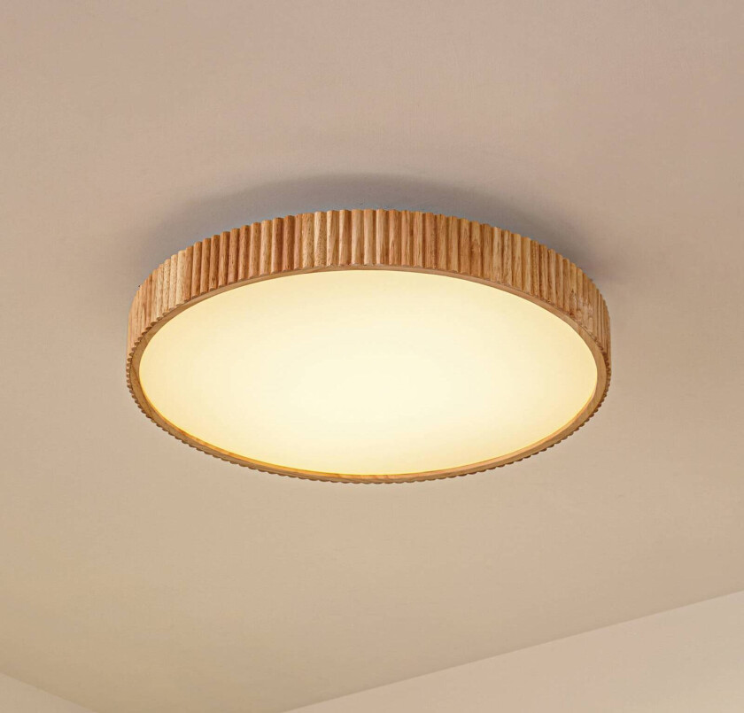 Lindby LED-taklampe Velua, hvit/lys tre, CCT, Ø 50 cm