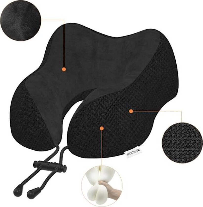 Reisepute Nakkepute for Reise Fly Memory Foam Flypute for Biler, Tog, Hjem, Kontorer (Svart)