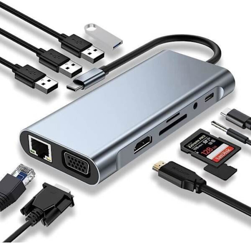 USB C-dokkingstasjon, 11-i-1 USB C-hub med 4K HDMI, VGA, USB 3.0, Type C, PD-port, RJ45 Ethernet, SD/TF-kortleser, 3,5 mm AUX