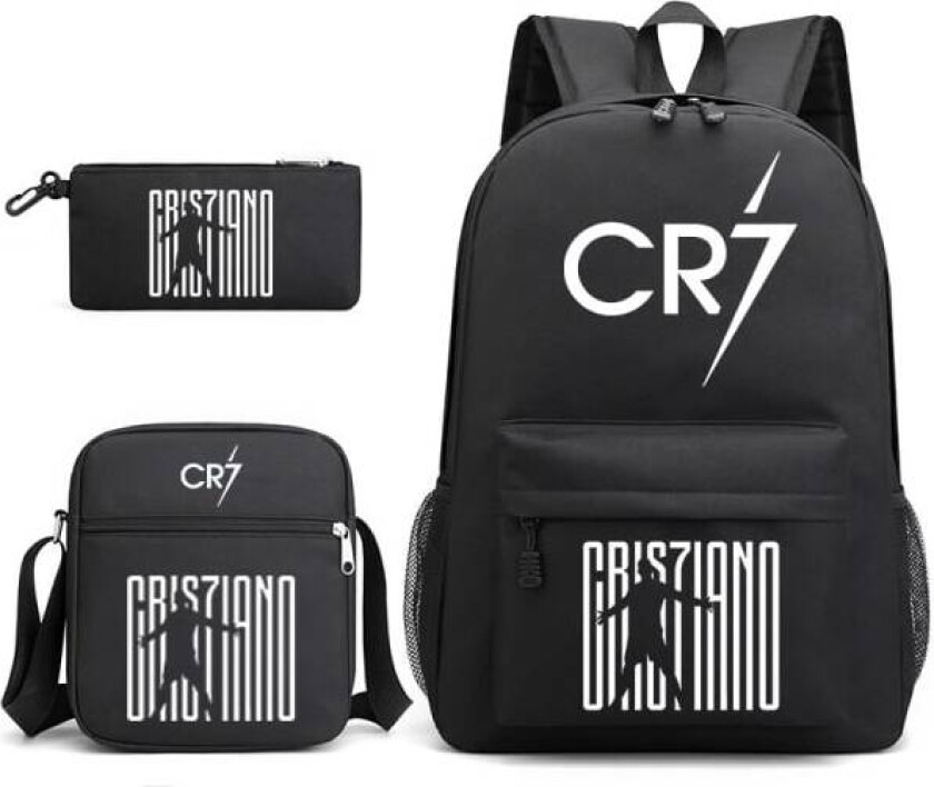 Cristiano Ronaldo ungdomsryggsekk student skolesekk i tre sett svart