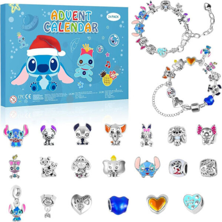 Adventskalender 2024 for jenter, 24 dagers julekalender med 2 armbånd og 22 unike tegneserie-sjarmperler, julegaver til barn og tenåringer