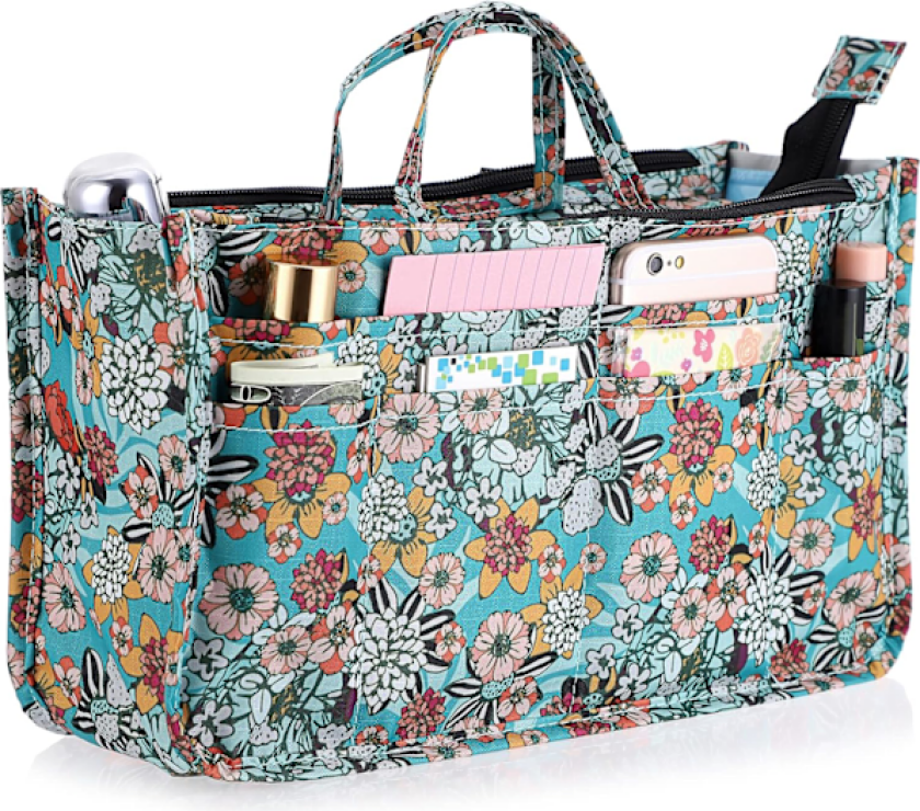 Trykt Innlegg Håndveske Veske Organiserer 13 Lommer Utvidbar Liner Veske Pose Glidelåslukking Tote Organiserer Stelleveske Innlegg (Grønn Multi-blomst)