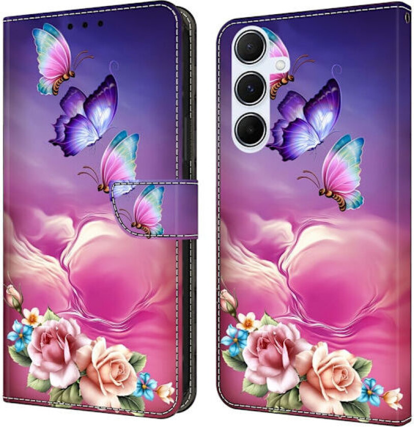 Samsung Galaxy A56 5G lommebokveske med mønstermønster som trykker på stativ, flip-telefondeksel i lær - Blomster Sommerfugl