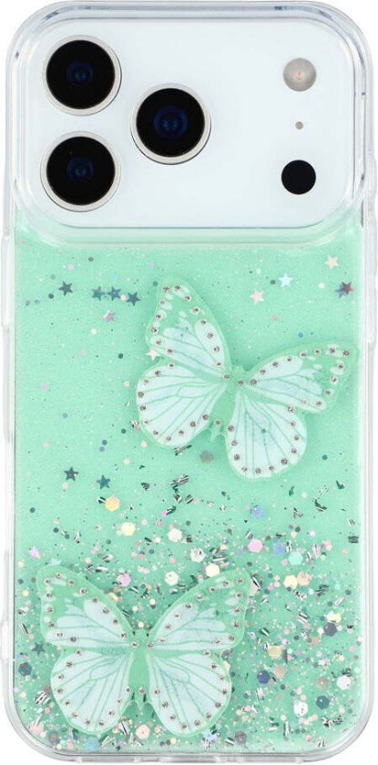 iPhone 17 Pro Max Fleksibelt Plast Deksel med Sommerfugler - Gjennomsiktig / Grønn
