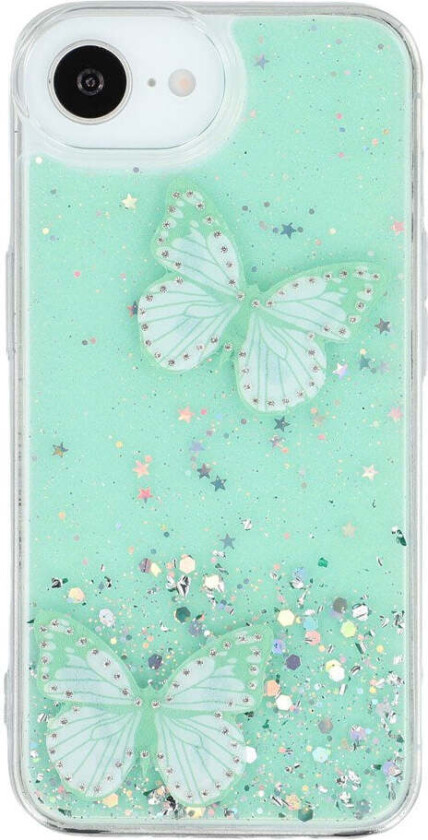 iPhone 16e Fleksibelt Plast Deksel med Sommerfugler - Gjennomsiktig / Grønn