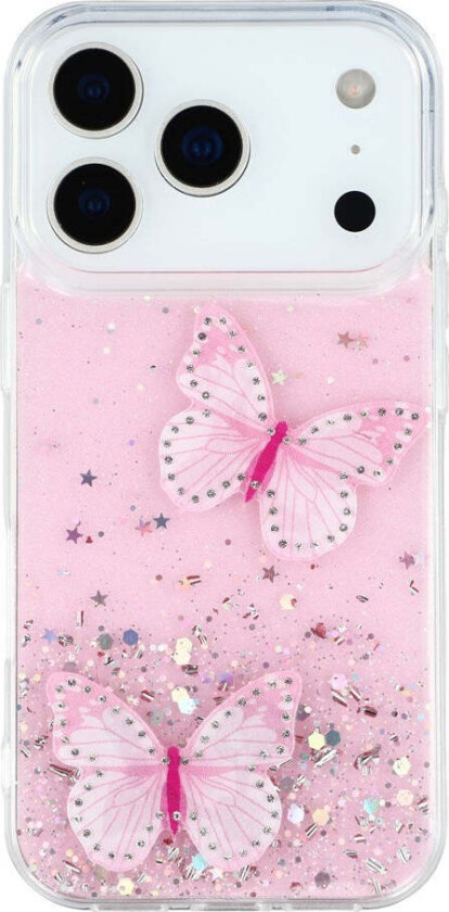 iPhone 17 Pro Fleksibelt Plast Deksel med Sommerfugler - Gjennomsiktig / Rosa