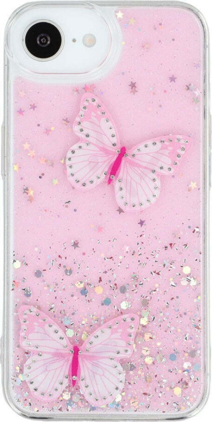 iPhone 16e Fleksibelt Plast Deksel med Sommerfugler - Gjennomsiktig / Rosa