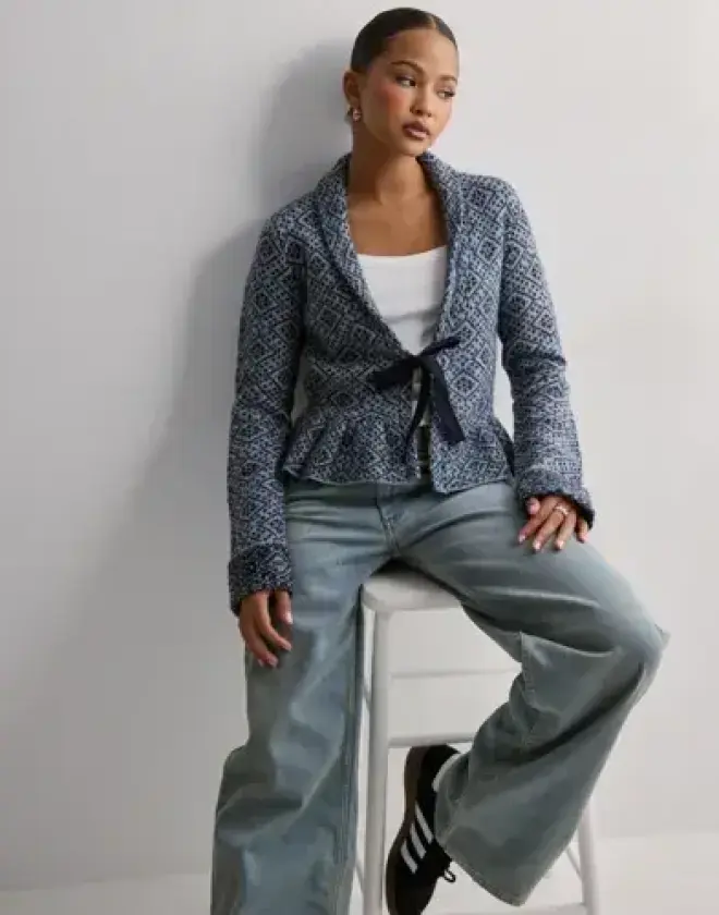 Blå - Flounce Tie Jacquard Knit Cardigan