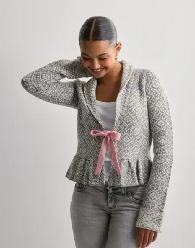 Grå - Flounce Tie Jacquard Knit Cardigan