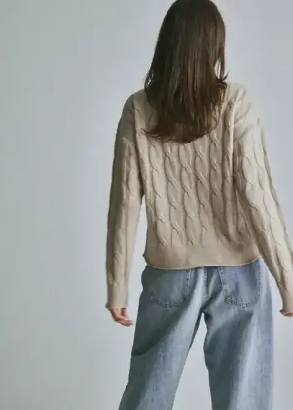 Beige - Flat Cable Knit Sweater