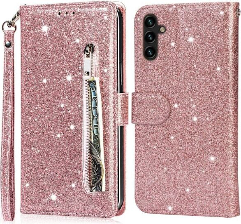 For Samsung Galaxy A56 5G Stående Glitterdeksel med Glidelåslomme - Rose Gold