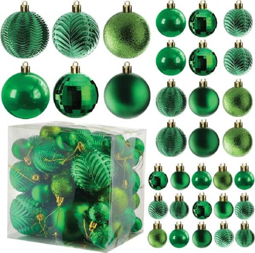 Grønne 36-delte knusesikre julekulepynt - De perfekte glitterkulene, juletrepynt, juledekorasjoner.