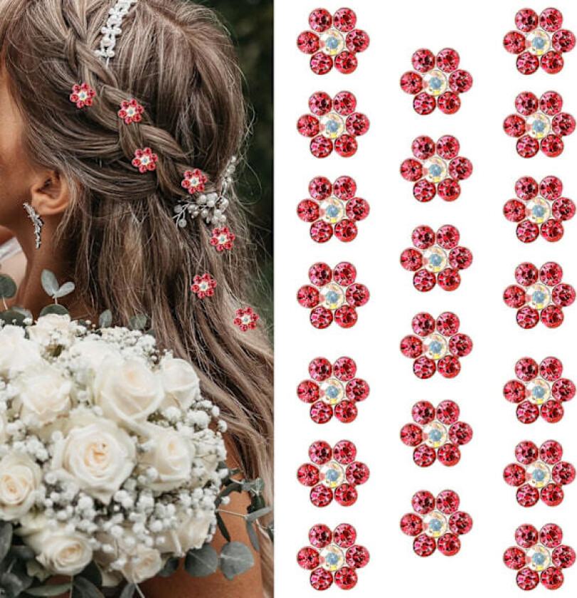 20 stk Mini Hårspenner med Rhinestone-blomst Søte Røde Hårnåler Små Dekorative Hårspenner Bryllupshårspenner Brudehårtilbehør for Jenter Kvinner