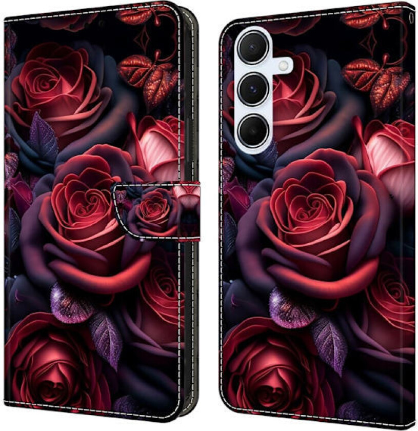 Samsung Galaxy S24 FE lommebokveske med mønstermønster som trykker på stativ, flip-telefondeksel i lær - Svart Rose