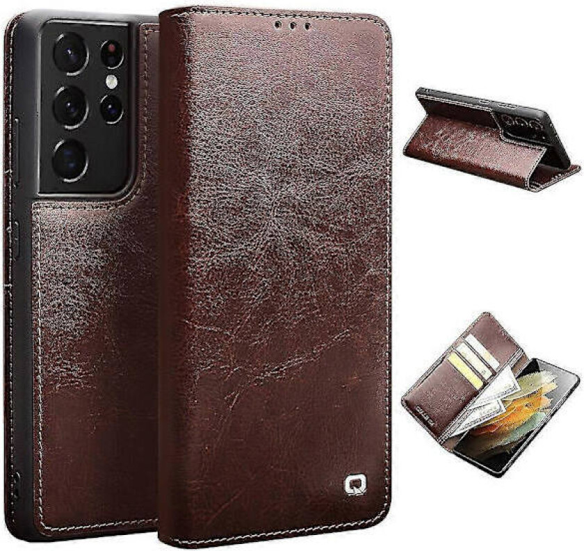 QIALINO Ekte Lær Telefondeksel for Samsung Galaxy S21 Ultra 5G Stativ Lommebok Folio Flip Case