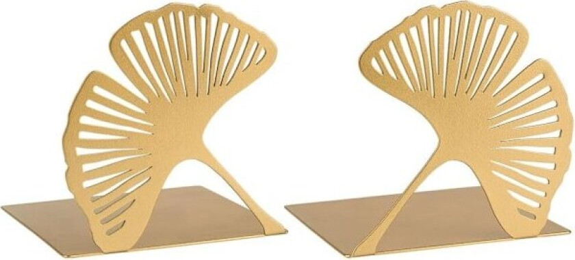 Sett med 2 dekorative gullfargede bokstøtter i metall med utskåret design