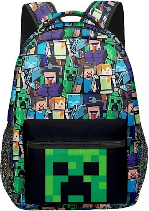 Minecraft Ryggsekk for Gutter | Svart Skolesekk for Barn | Grønn Creeper Zombie Skjelett Enderman & Hulespindel