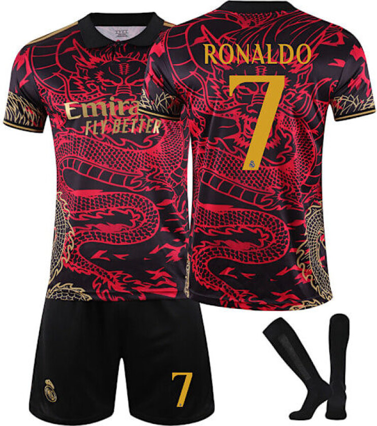 24-25 Real Madrid CF Dragon Anniversary Edition Svart Rød Treningsskjorte NR.7 RONALDO Drakter Barn Voksen Fotballdraktsett med Sokker NR.7 24 24