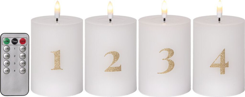 LED-KLOKKLYS 4-PAKNING FLAMME ADVENTLYS / 12,5 CM / FJERNKONTROLL OG TIMER