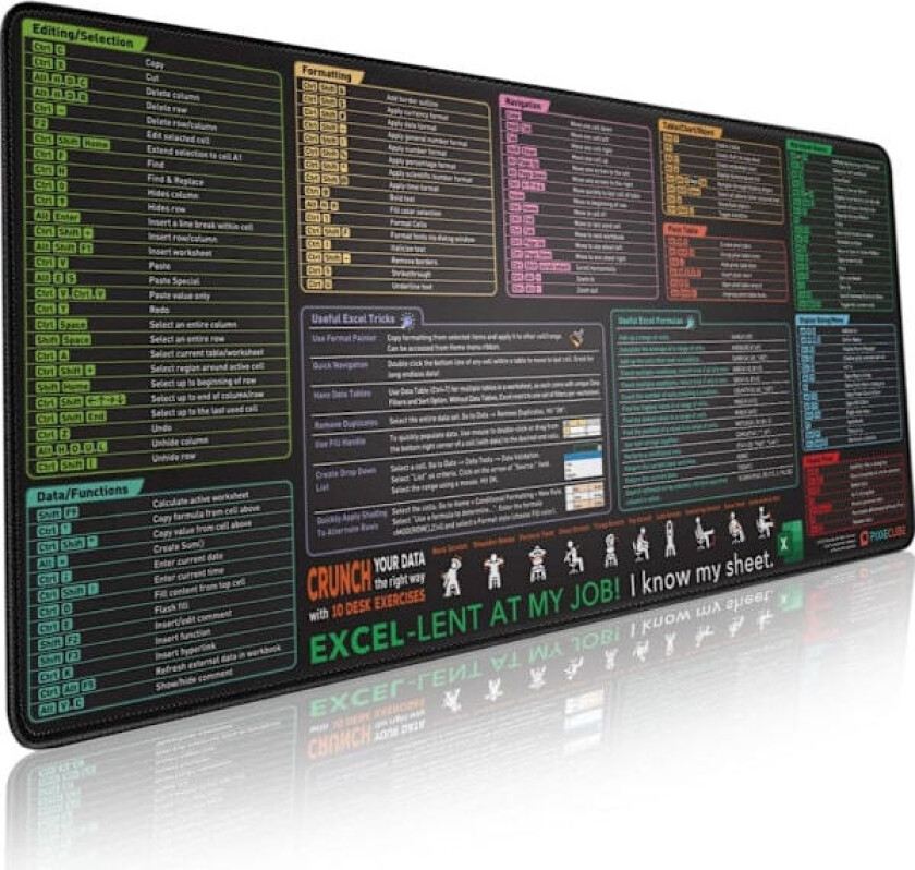 Excel Hurtigtaster Musematte - Utvidet Stor XXL Jukseark Musematte | PC Kontor Regneark Tastaturmatte | Sklisikker Sydd Kant 400*900*3mm
