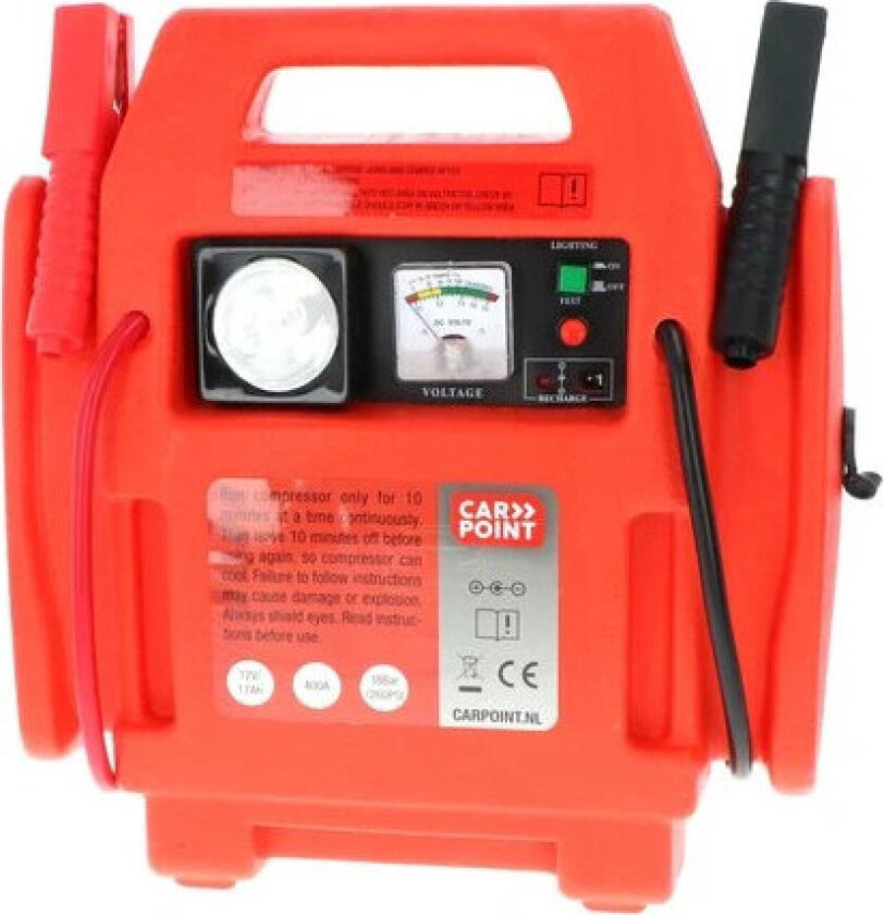 Jumpstarter med Kompressor - 12V, 17Ah, 400A (900A Peak), LED-lys, 260 PSI - Rød