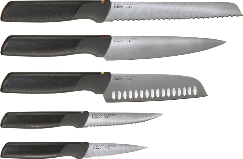 Elevate Knivsett med Oppbevaringsbrett - 5 deler, Japansk Rustfritt Stål, Fargekodede Håndtak - Multifarvet