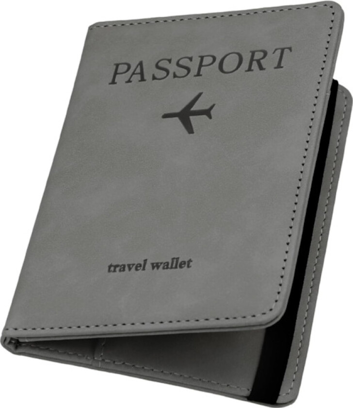 Passholder i PU-lær med RFID-blokkering, passomslag, reisemappe med kortspor og elastisk stropp, passomslag (grå)