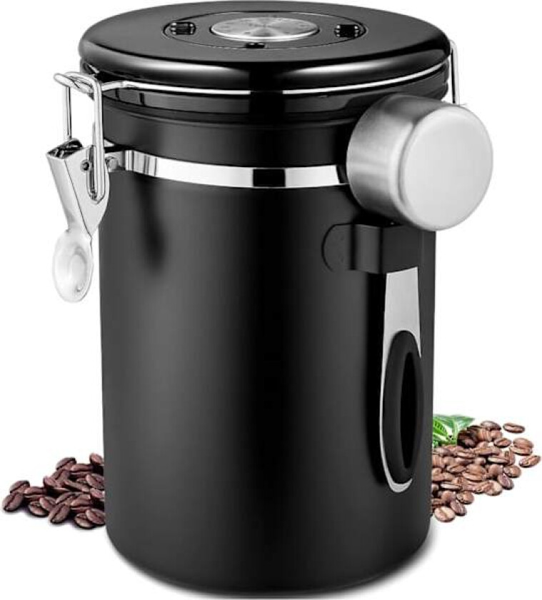 Bilde av Kaffeboks, 1,8L Lufttett Rustfritt Stål Krukke med Skje, Matlagringsboks, Vakuumforseglet Gummi