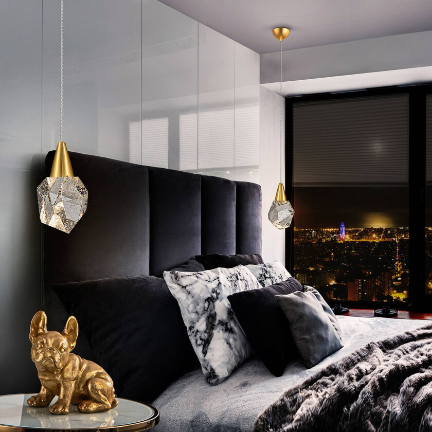 Aquaria LED-pendel, klart glass, gull, polyhedral