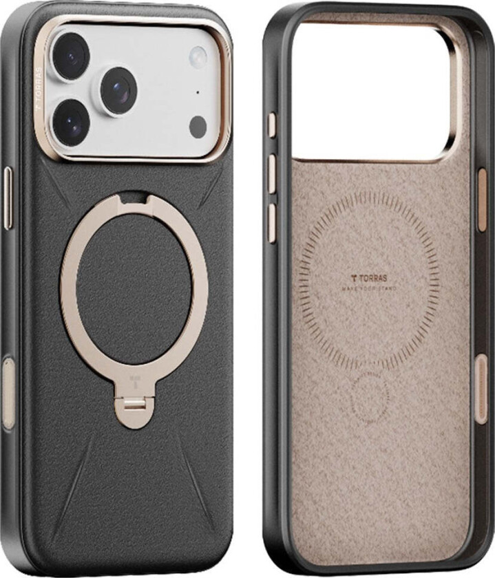 TORRAS iPhone 17 Pro Ostand Spin Kunstskinn Deksel m. Roterende Kickstand - MagSafe Kompatibel - Svart