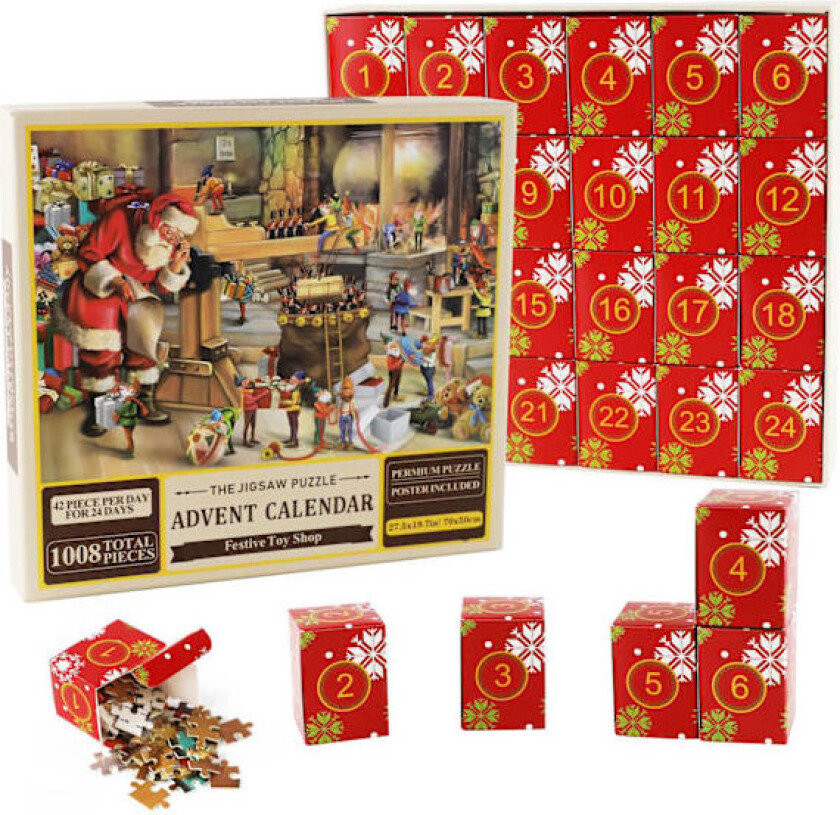 Puslespill Adventskalender 2024, 1008 puslespillbrikker 24 dager Leketøysbutikk Puslespill 800 TOY SHOP julekalender nedtelling julekalender a