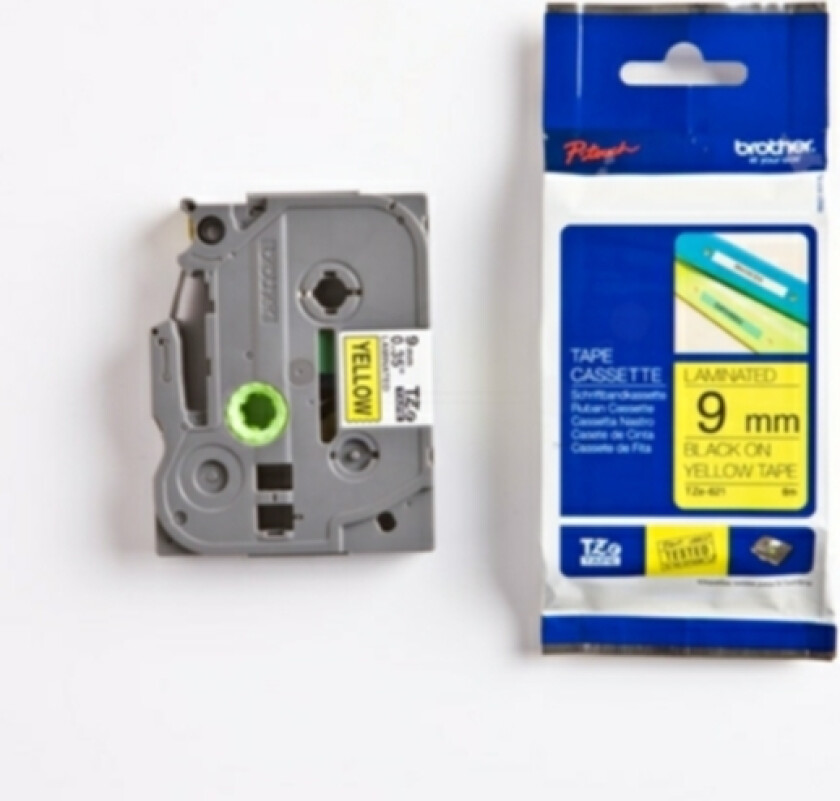 9 mm tape, svart tekst på gul, laminert, 8 m