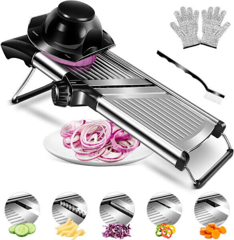 Justerbar Mandolin Kutter i Rustfritt Stål med Innebygd Skarp Kniv, Multifunksjonell Grønnsakskutter, for Frukt og Mat