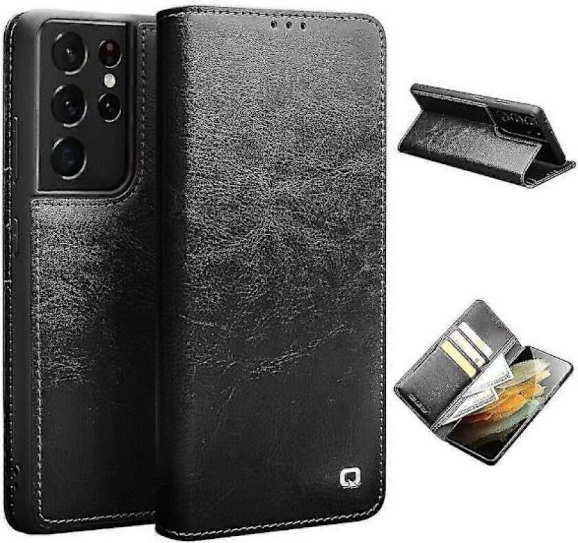 QIALINO Ekte Lær Telefondeksel for Samsung Galaxy S21 Ultra 5G Stativ Lommebok Folio Flip Case