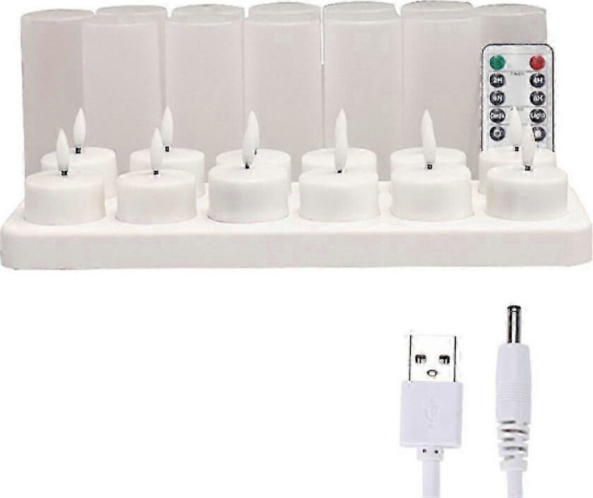 Flammeløse Lys Med Fjernkontroll Timer Ladestasjon, 12 stk USB Oppladbare Batteri LED Telys